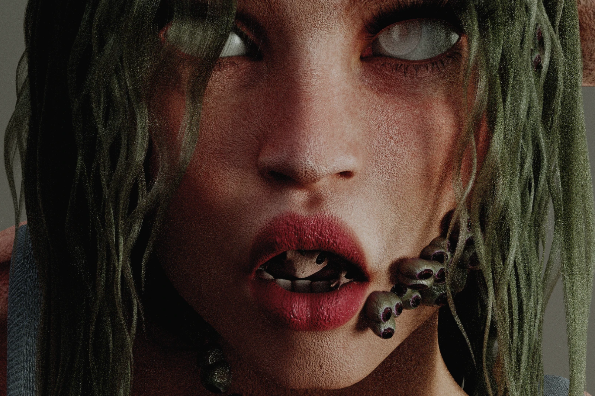 woman with a lizard in her mouth