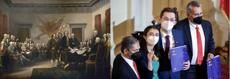 Left: Founding fathers sign the Declaration of Independence. Right: Chilean Constitutional proposal.