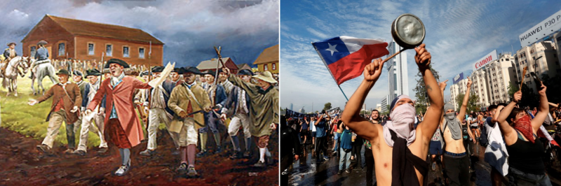 Left: Shays' Rebellion. Right: Demonstrators protesting against Piñera in 2019.