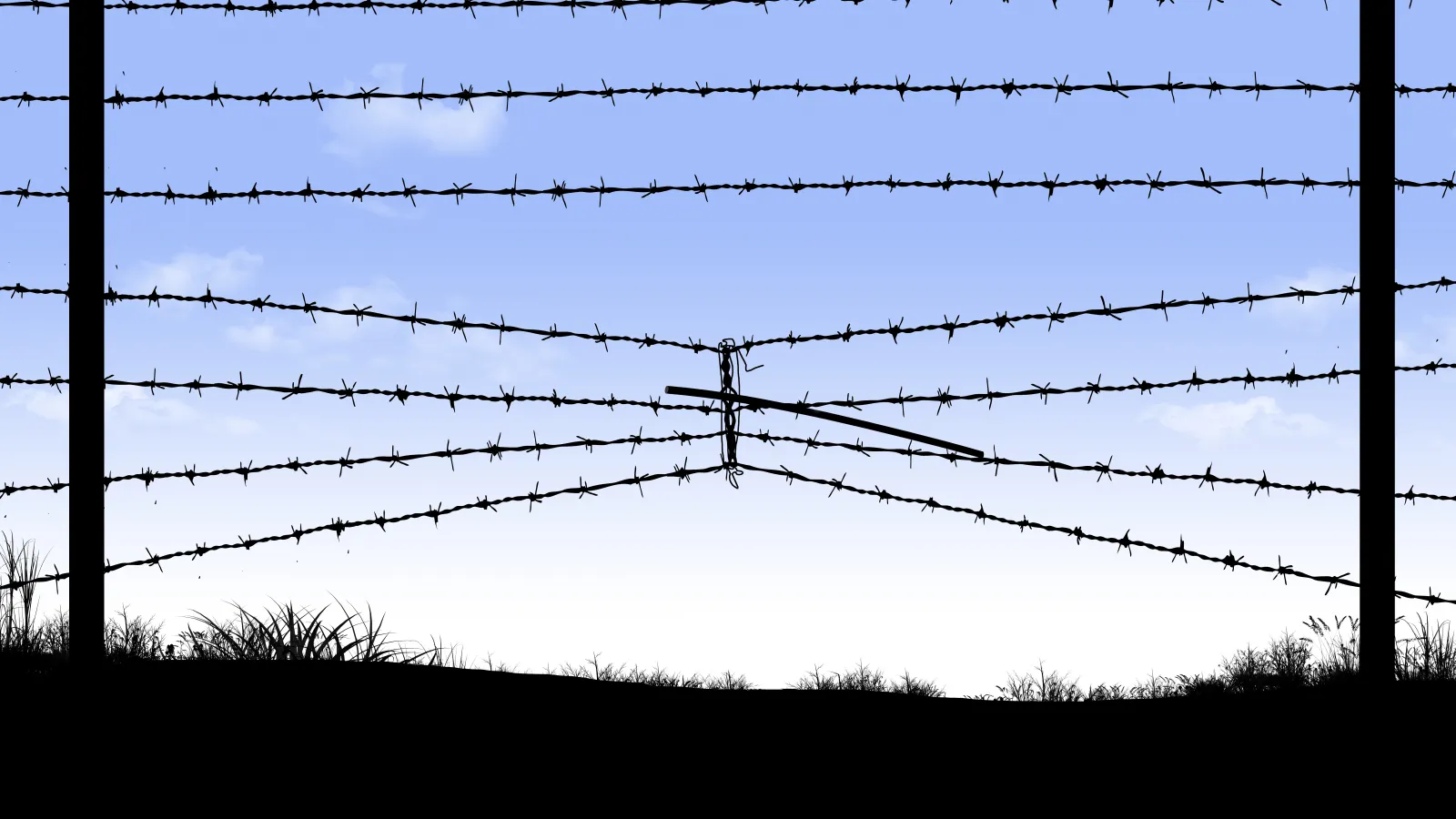 border fence on the southern border of the USA that has barbed wire compressed to make an opening underneath for an opening to cross into the USA 