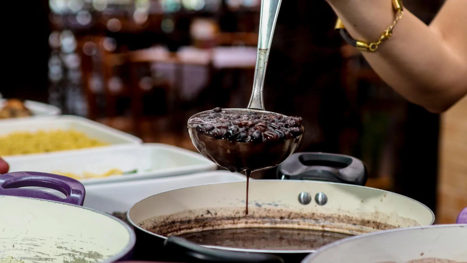 arm of woman holding spoon full of feijoada