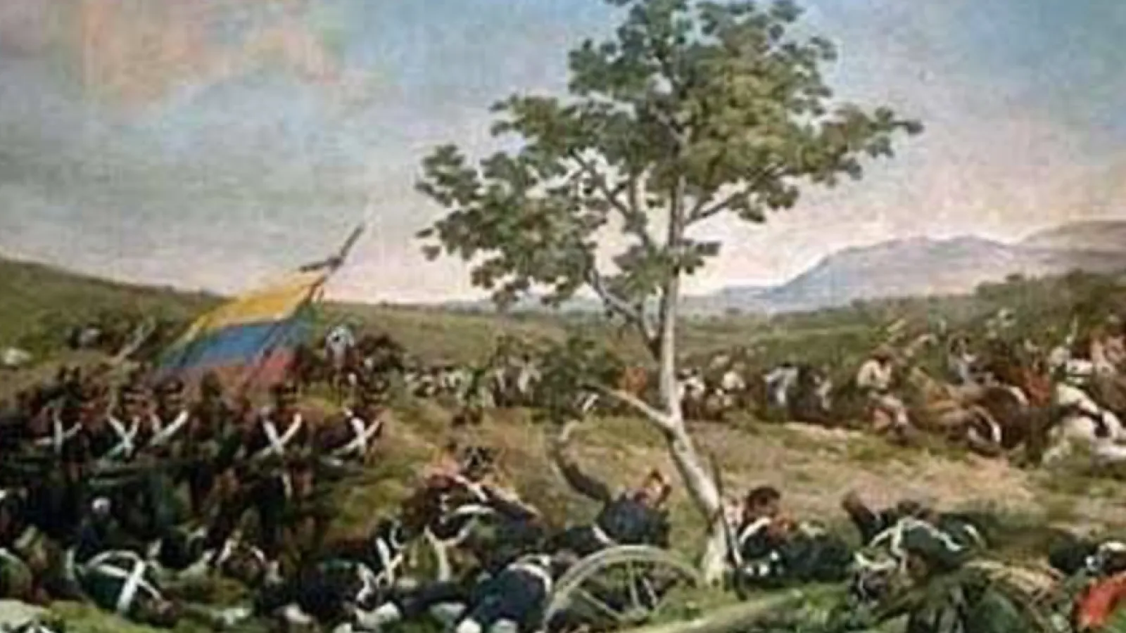 war painting of a battle, Venezuelan flag, tall tree in the middle