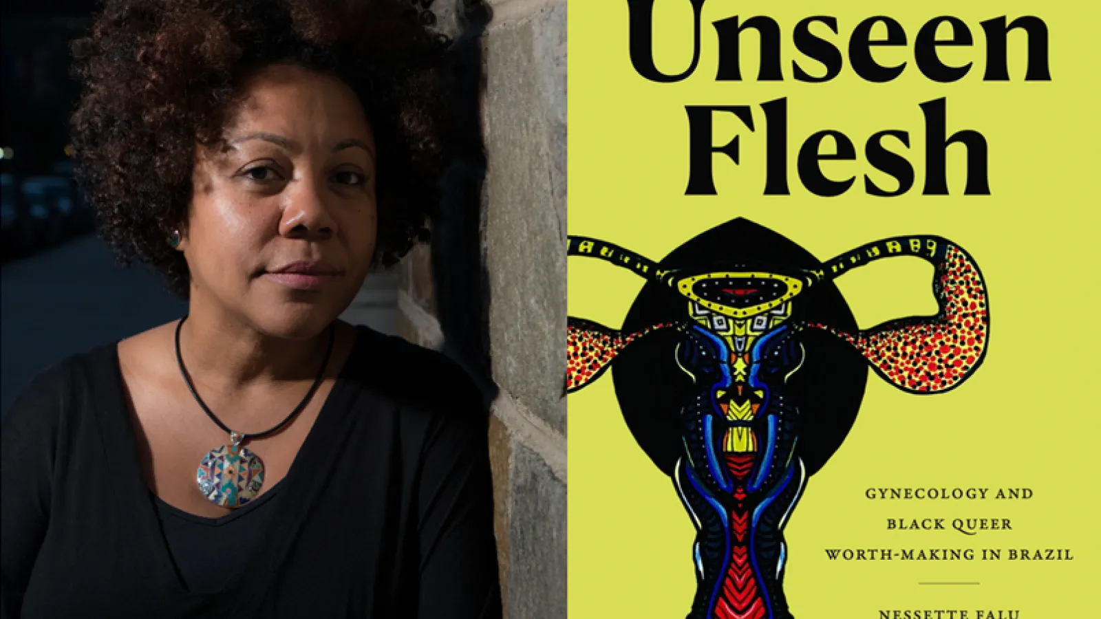 woman on one side, book cover on the other