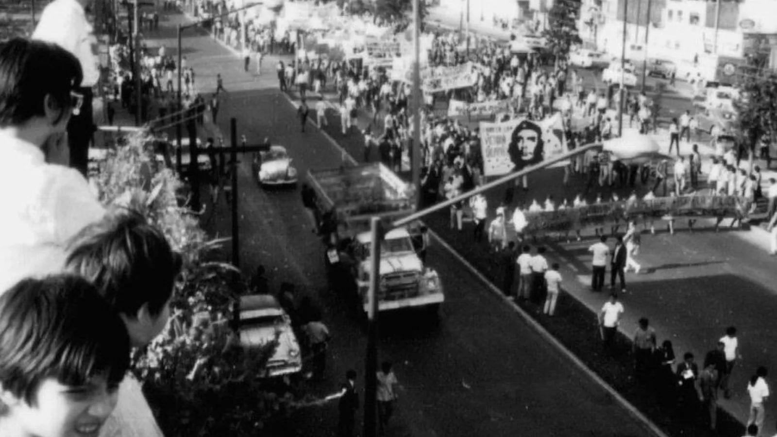 black and white shot of protest in 1968