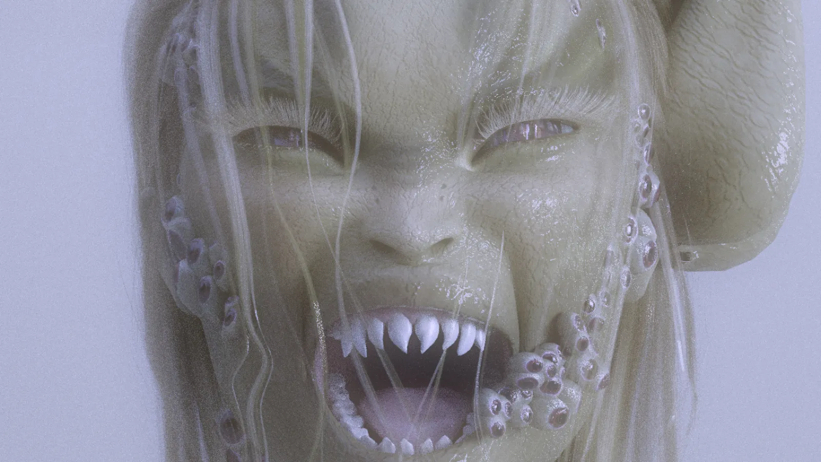 woman with sharp teeth screaming behind a sheer curtain