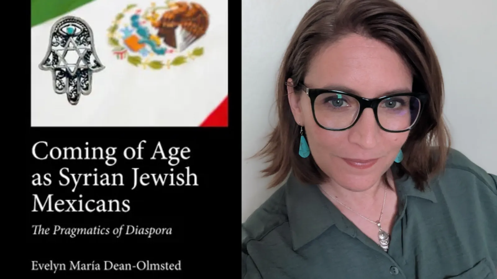 book cover and author wearing green blouse and black glasses