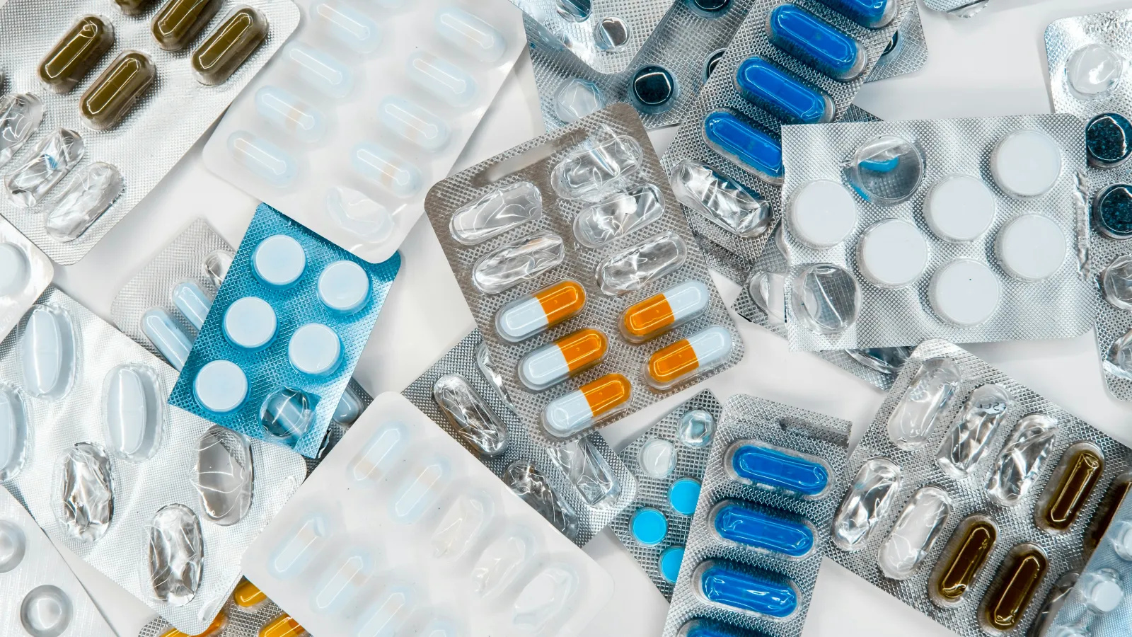  pharmaceuticals in packages of different colors, antibiotics medicine tablets, colorful antibacterial tablets