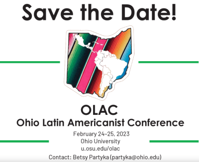 A map of Ohio with a map of Latin America inside. OLAC save the date Flyer