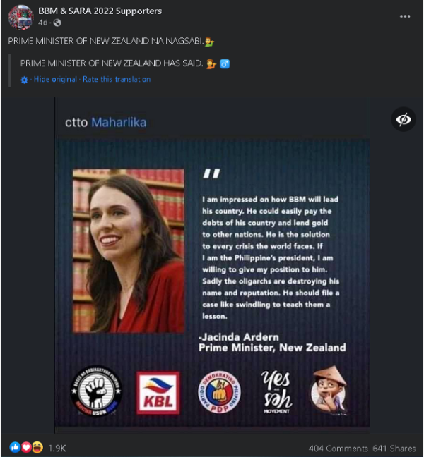 A fake quote attributed to New Zealand’s Prime Minister reposted by a camapaign facebook page (Reddit)