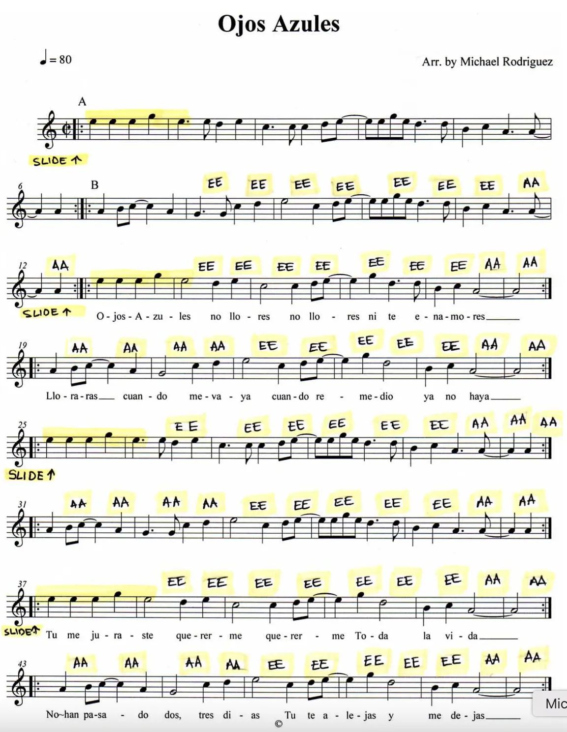 music sheet for ojos azules