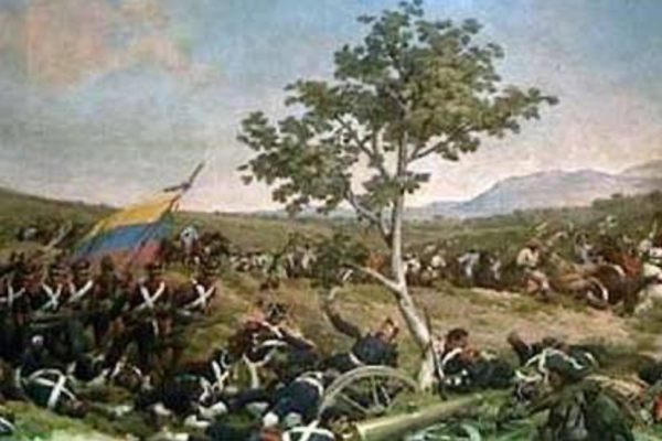 war painting of a battle, Venezuelan flag, tall tree in the middle