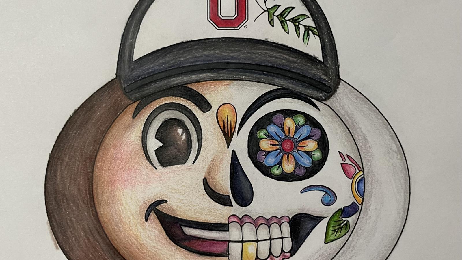 coloring contest submission; half Brutus' face, half day of the dead imagery