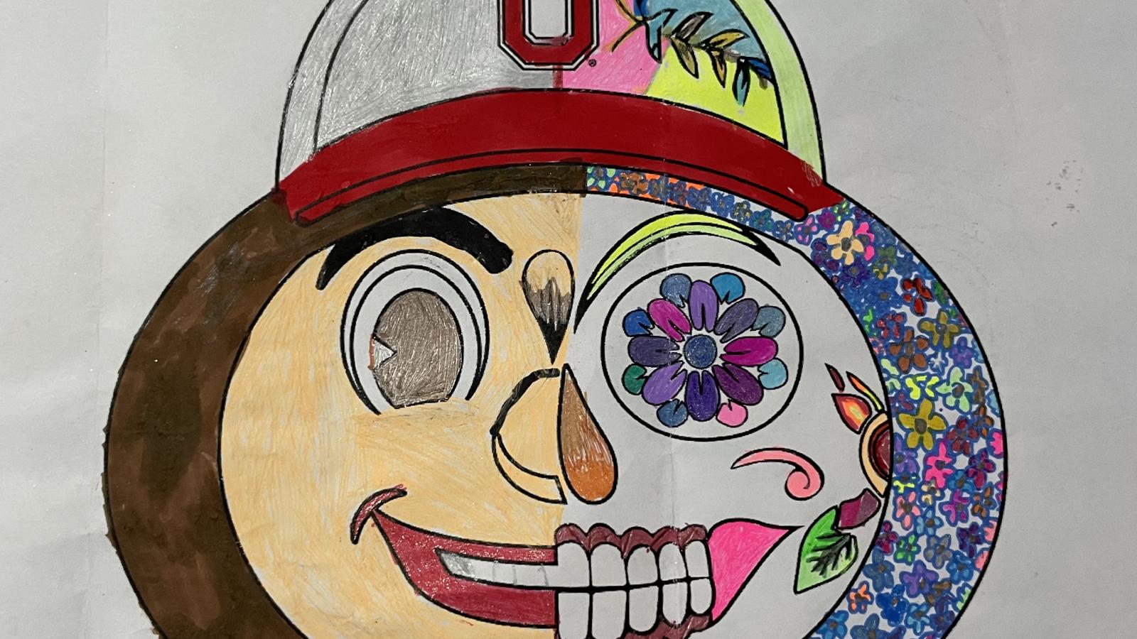 coloring contest submission; half Brutus' face, half day of the dead imagery