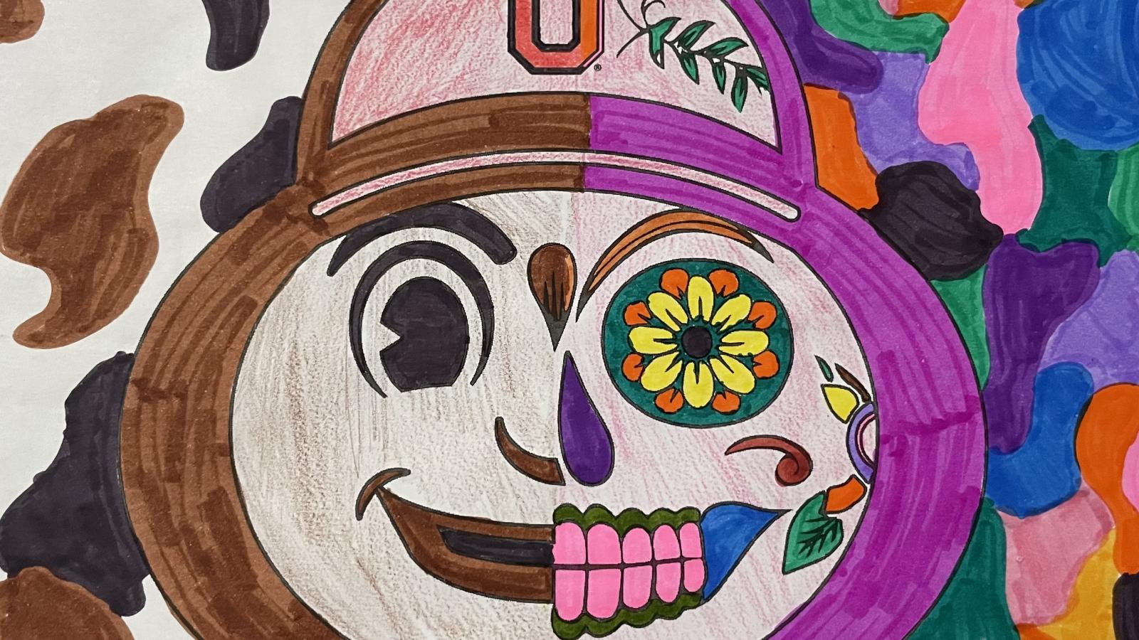 coloring contest submission; half Brutus' face, half day of the dead imagery