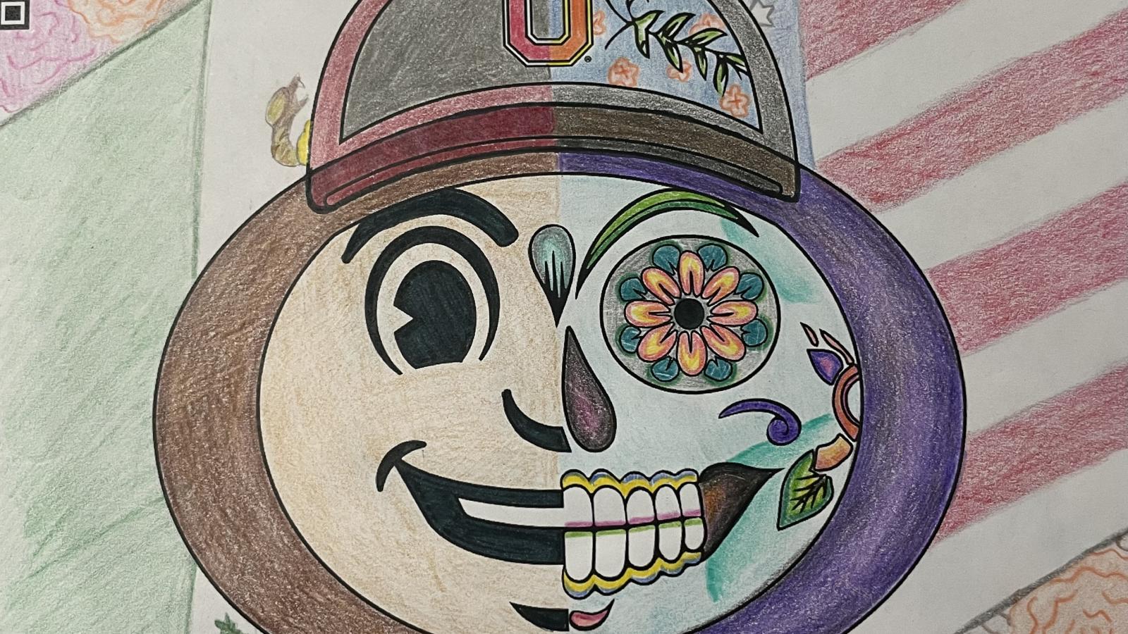 coloring contest submission; half Brutus' face, half day of the dead imagery