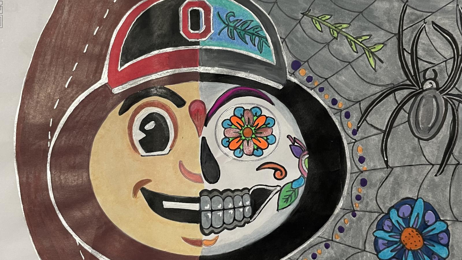 coloring contest submission; half Brutus' face, half day of the dead imagery