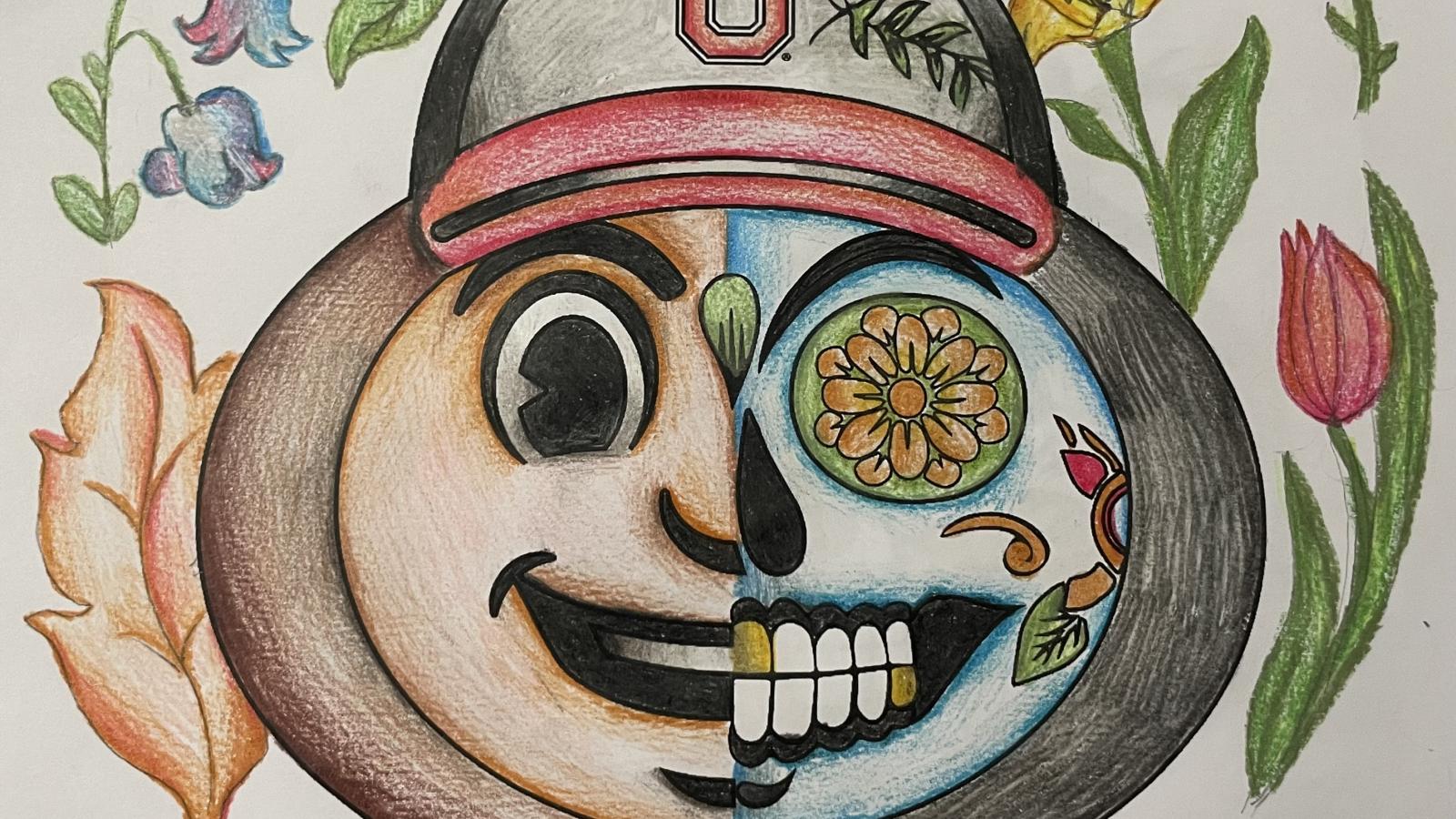 coloring contest submission; half Brutus' face, half day of the dead imagery