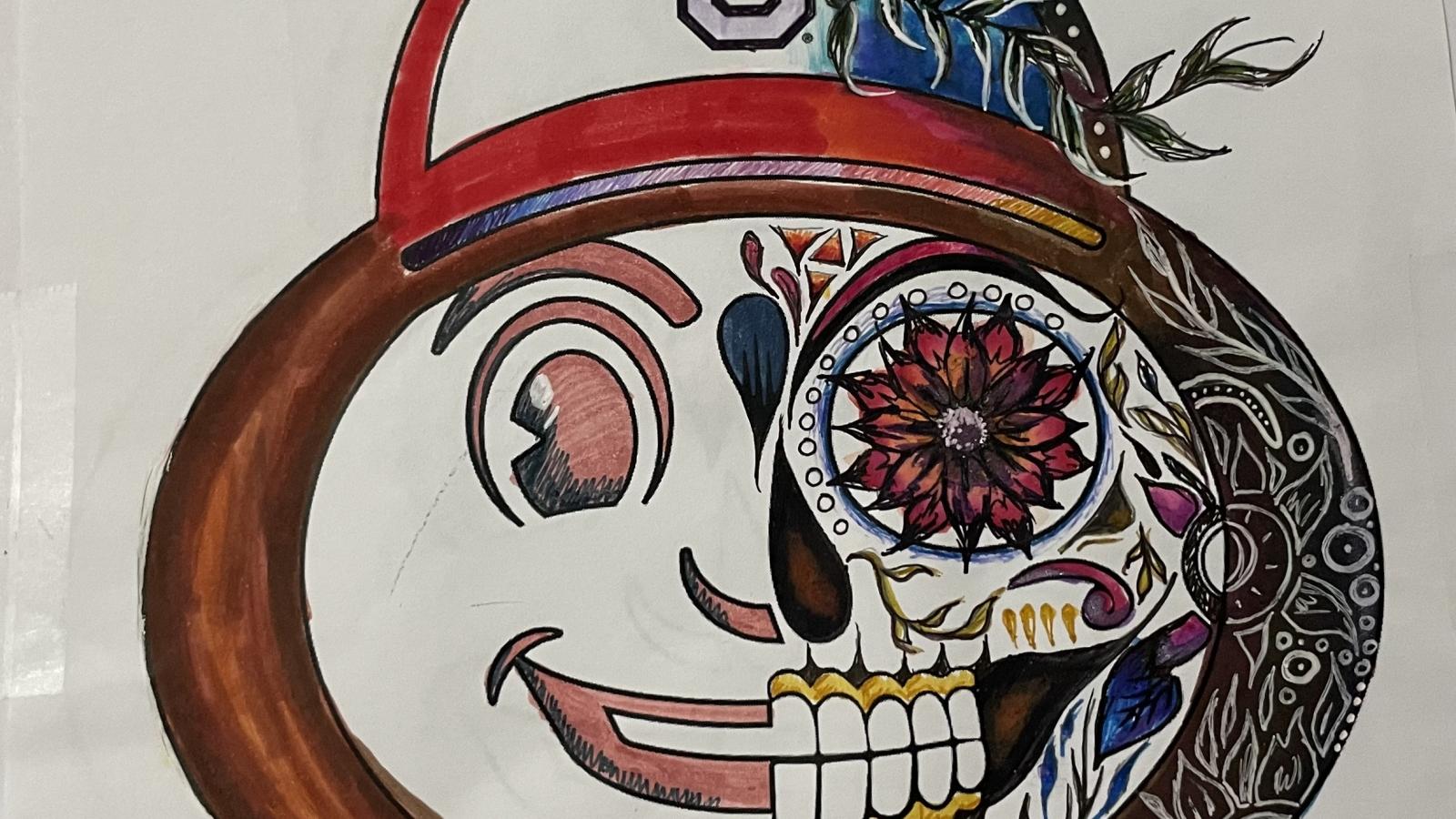 coloring contest submission; half Brutus' face, half day of the dead imagery